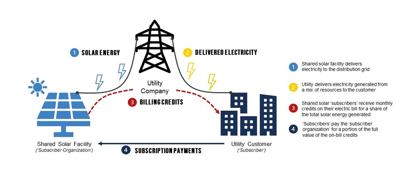 1. Shared solar facility delivers electricity to the distribution grid.
                    2. Utility delivers electricity generated from a mix of resources to the customer.
                    3. Through a process called virtual net metering, shared solar subscribers receive monthly credits on their electric bill for a share of the total solar energy generated.
                    4. Subscribers pay the subscriber organization for a portion of the full value of the on-bill credits.
