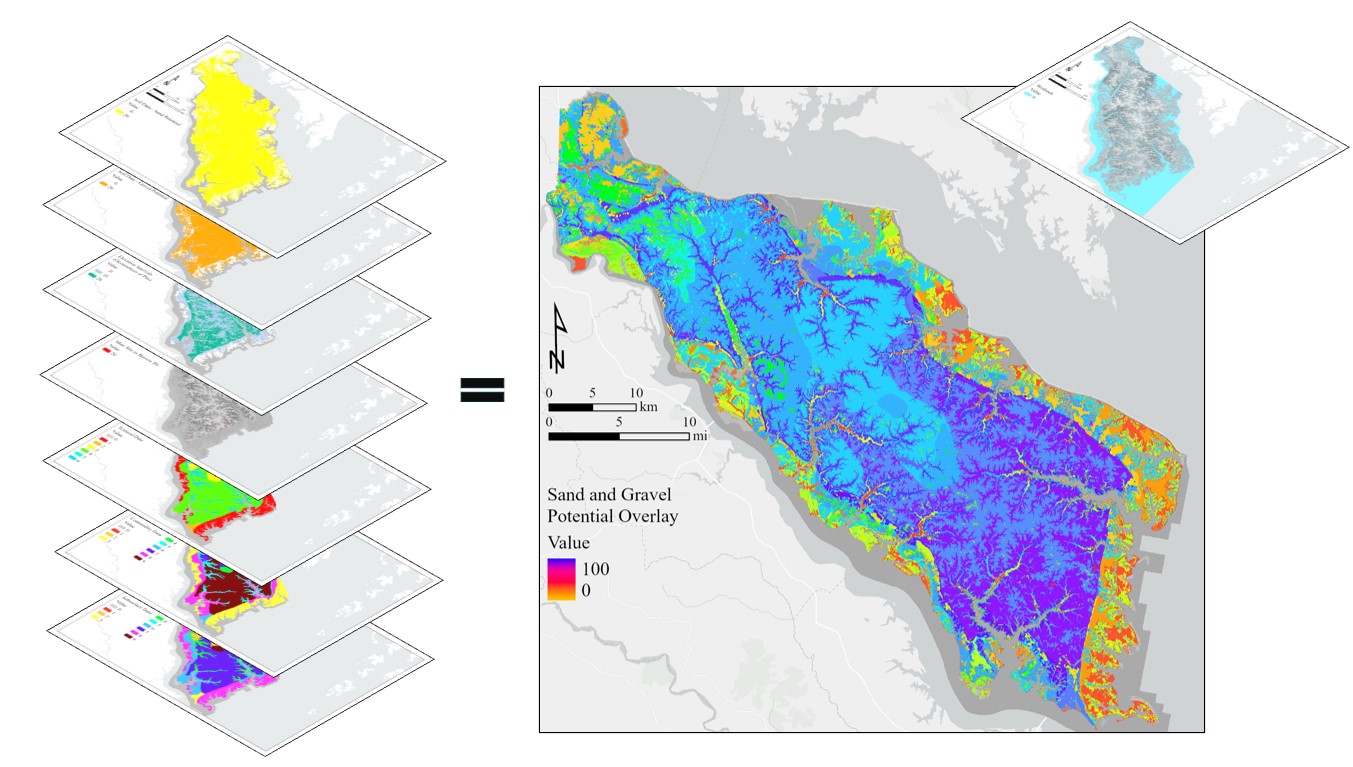 Figure 3: Seven input rasters (left) used in the cell statistics sum tool to create a final output raster with unique grid cell values (right). A wetland mask raster was applied (upper right corner) prior to reclassing the output raster into four quantiles.