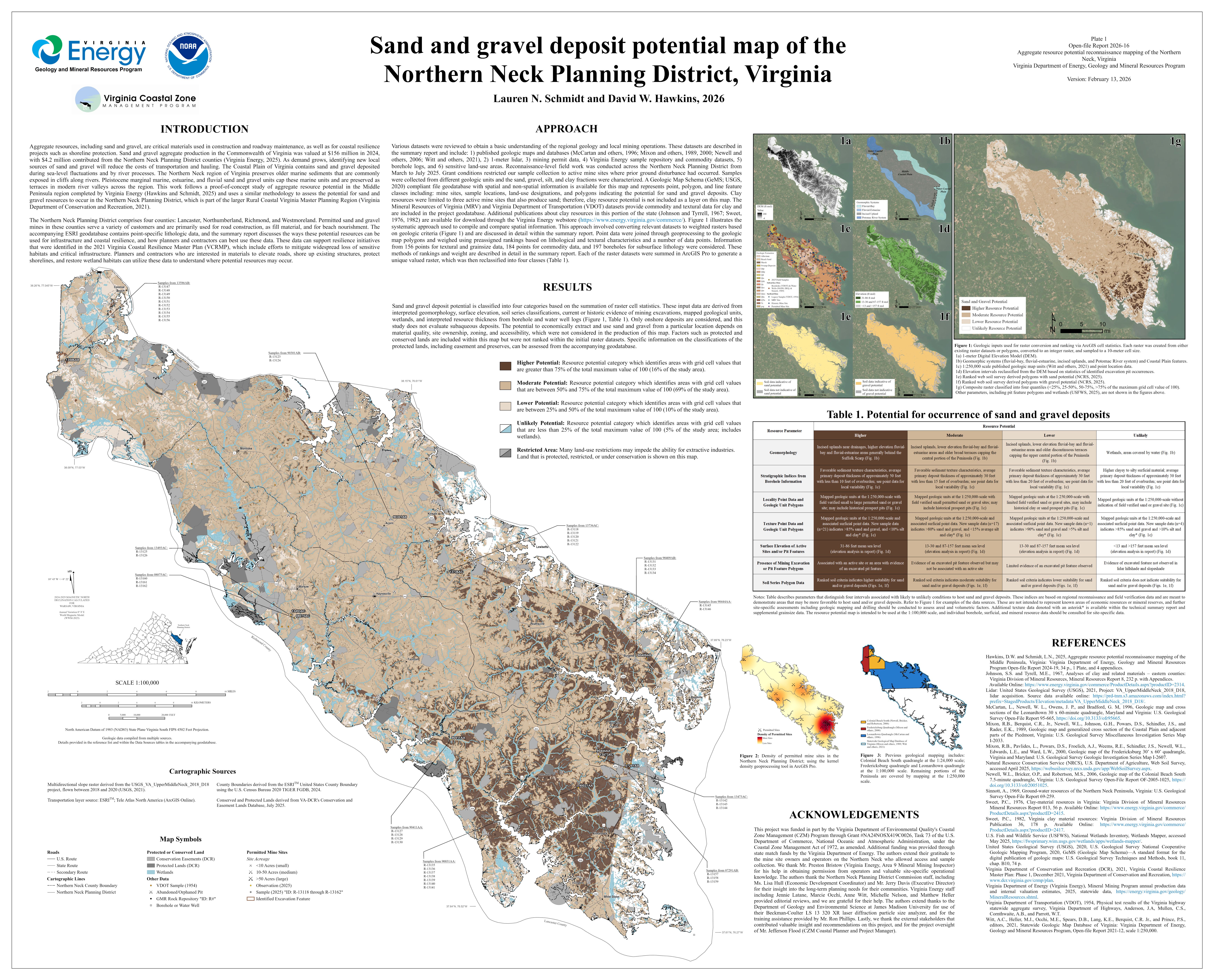 Figure 4. 1:100,000-scale sand and gravel potential map for the Northern Neck Planning District, included as Plate 1 in the technical summary report (OFR 2026-16), finalized February 2026. 