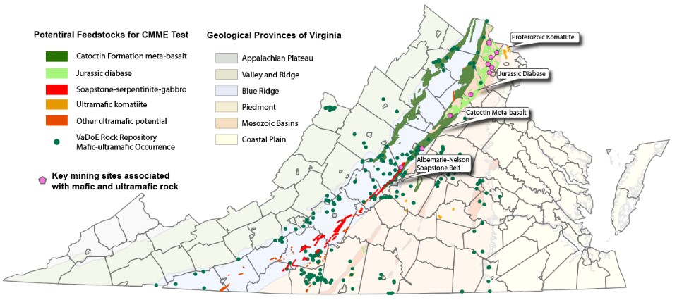 Map showing potential carbon mineralization and metal extraction resources in Virginia