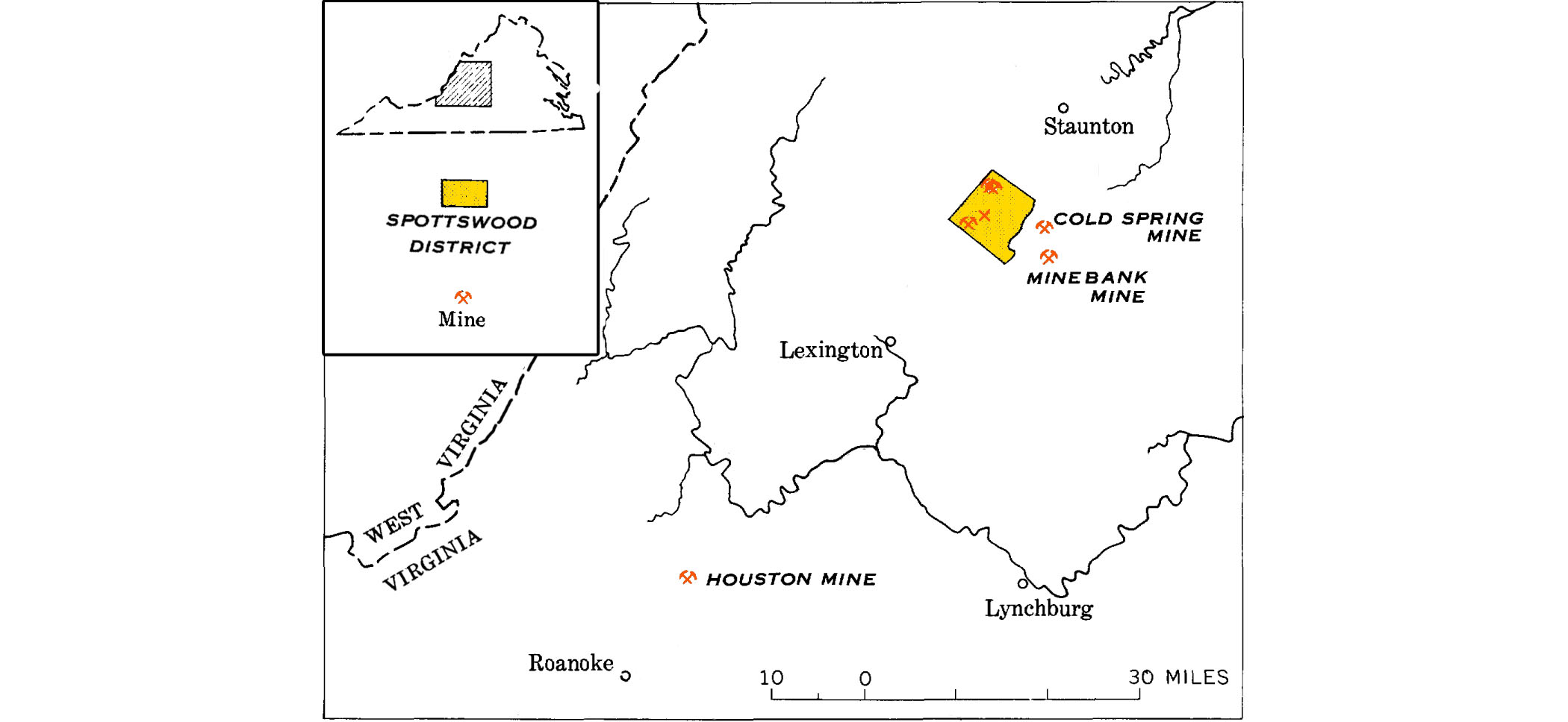 Detail map of aluminum mines and prospective deposits in Virginia