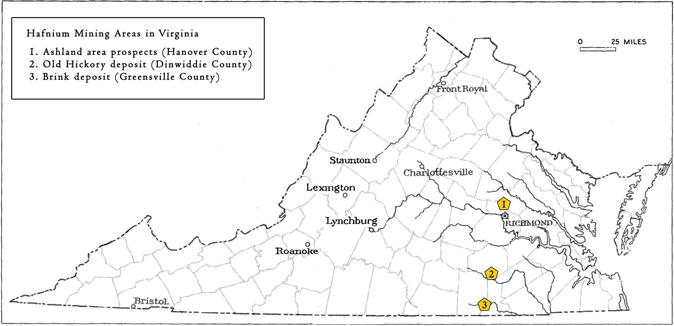 Areas prospected or mined for hafnium in Virginia.