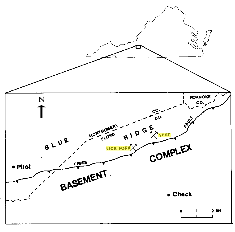 Location of the Lick Fork and Vest prospects, Floyd
				County, Virginia. Modified from Walsh-Stovall and others, 1989