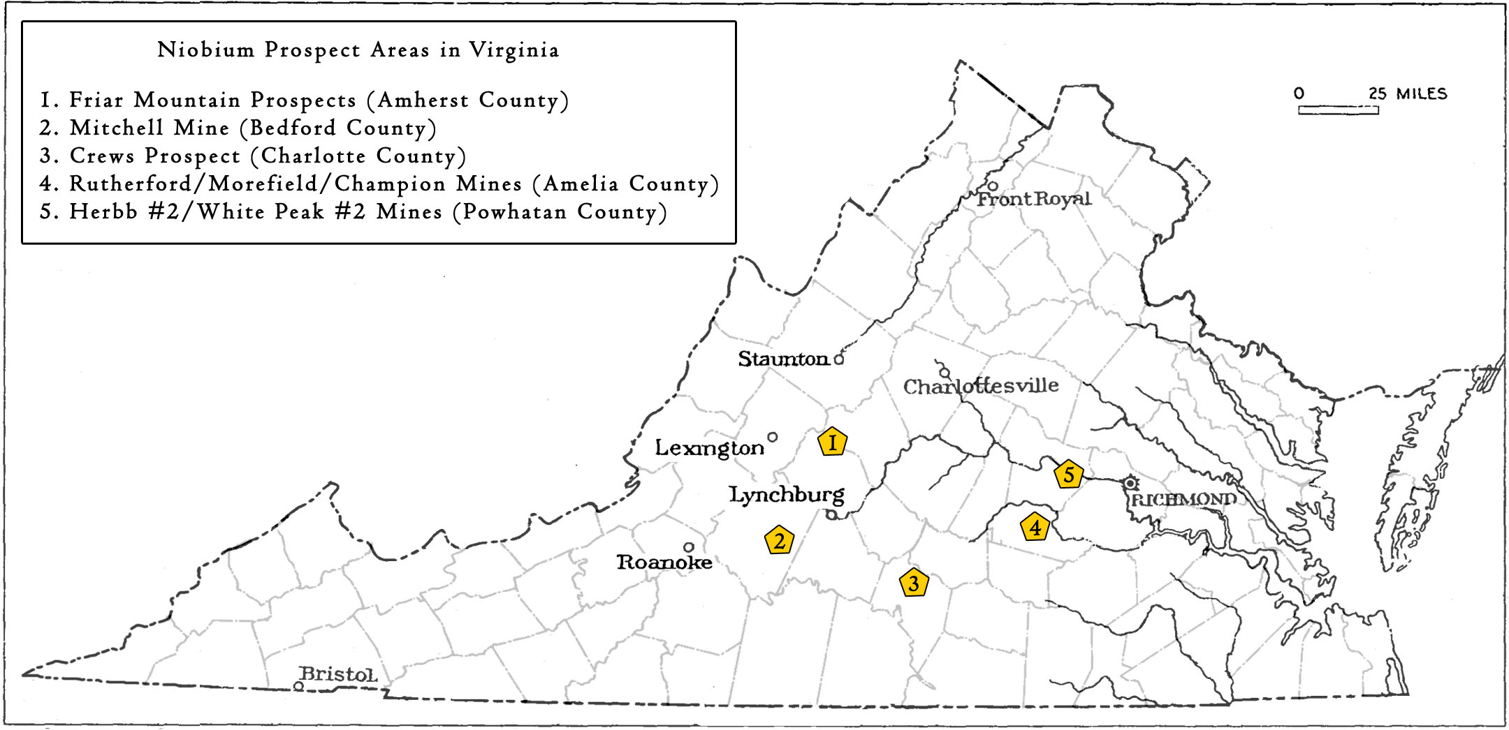 Locations in Virginia sampled or prospected for Niobium