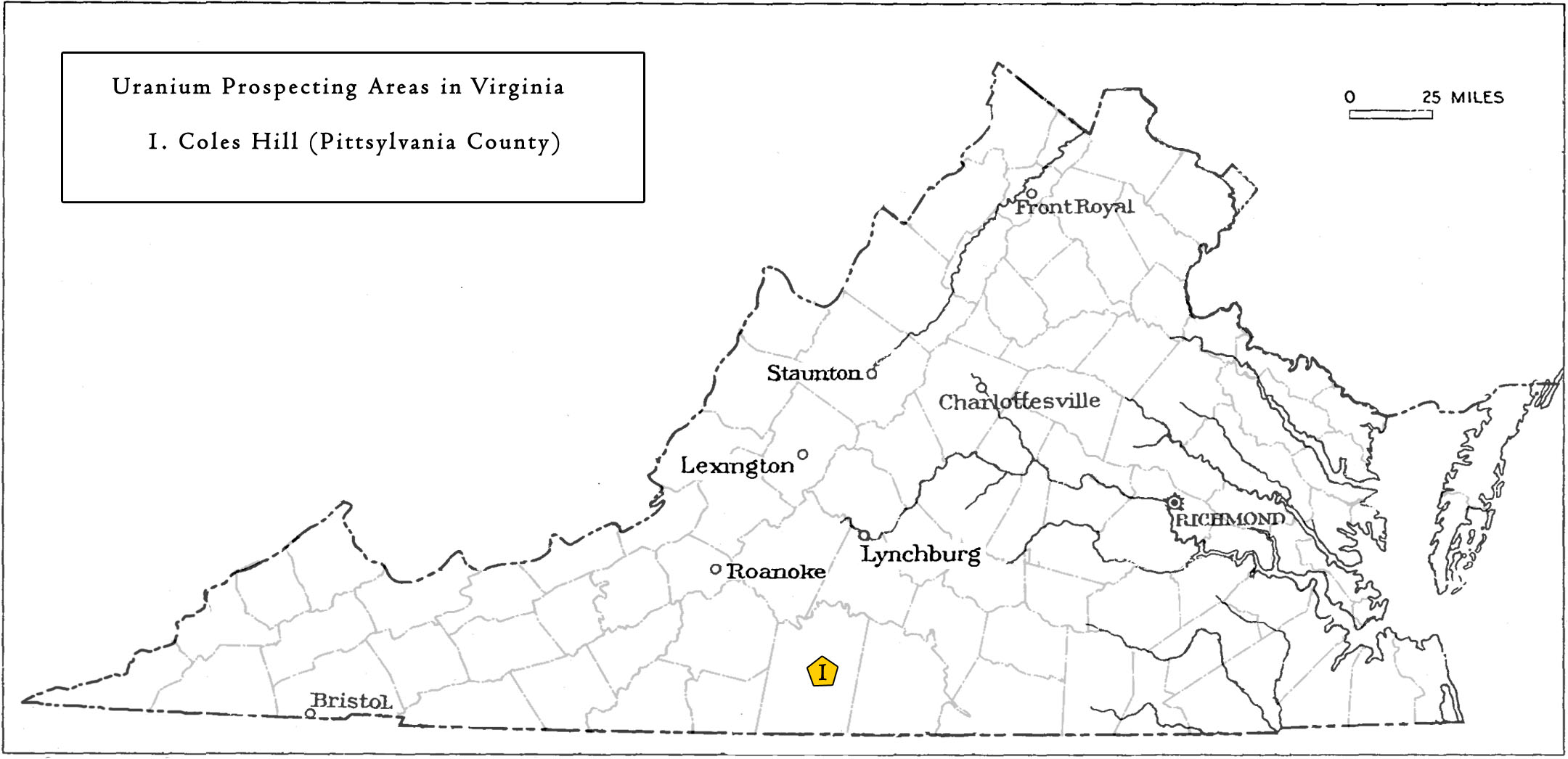 Locations prospected for uranium in Virginia