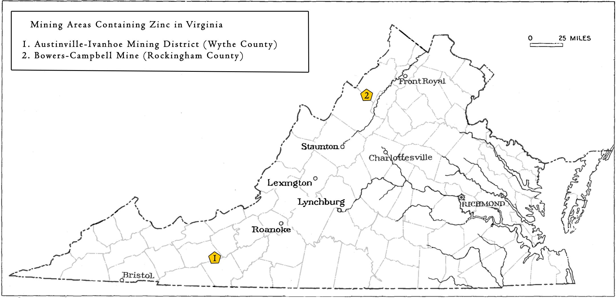 Significant zinc mining areas in the Valley and Ridge and Piedmont Provinces.  