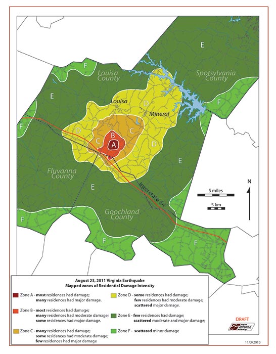 Damage Zone Intensity map for the 5.8M Earthquake