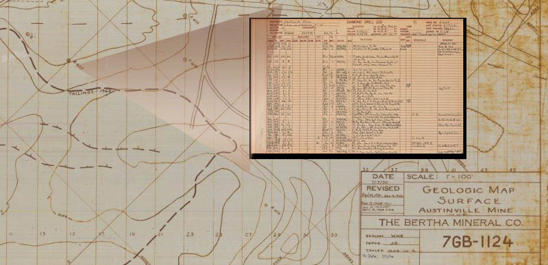 Geologic Surface Map of 9th Level with Drill Log for A-607, Bertha Mineral Company, 1930