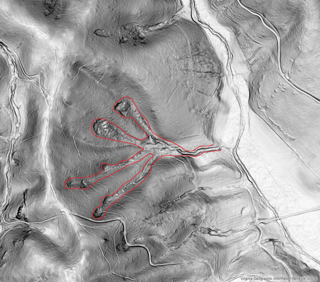 Landslide features are outlined in red in this LiDAR-derived slope-shade basemap. These features are at Fortune’s Cove in Nelson County, Virginia.