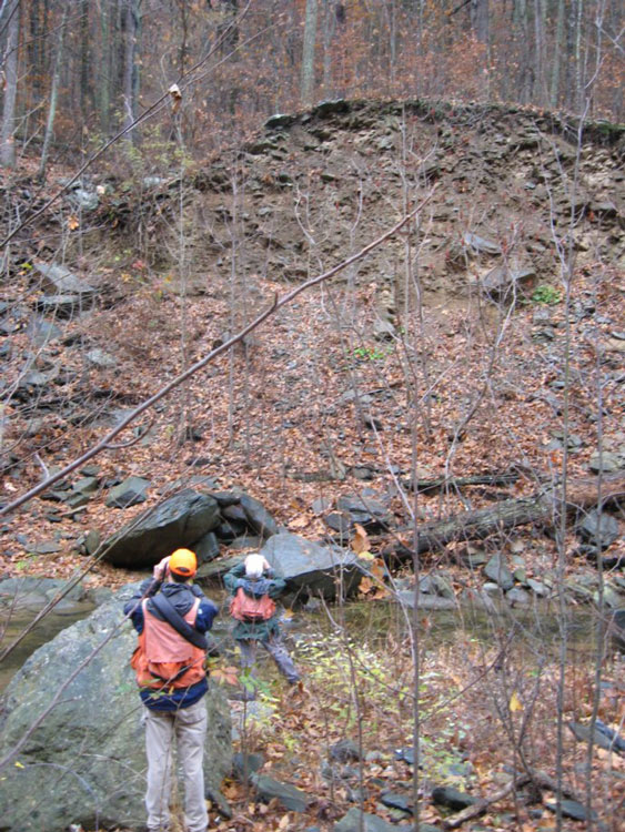 Prehistoric landslide deposit (center top) exposed at the North Fork of the Moormans River, Shenandoah National Park.