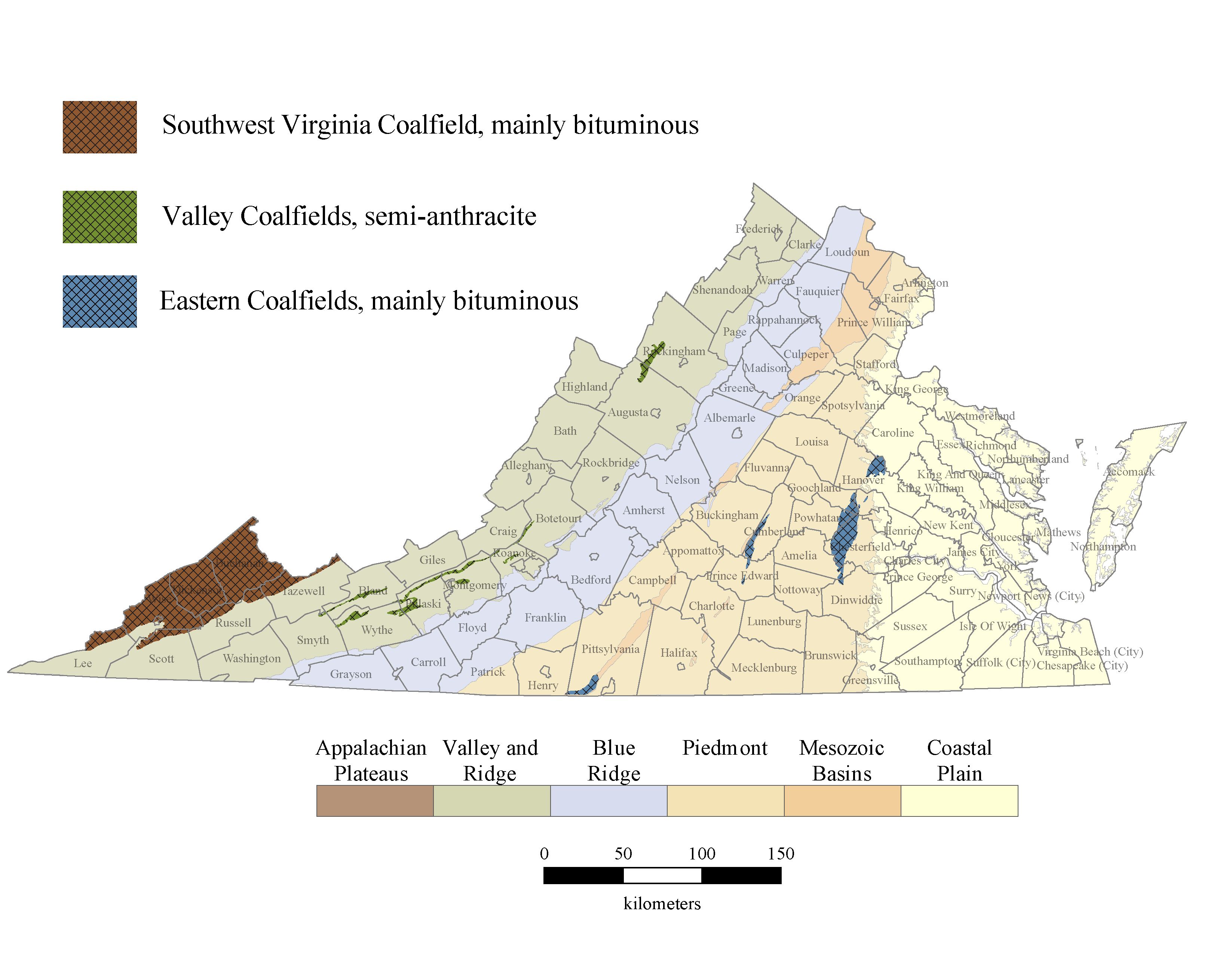 Locations of coal-producing regions in Virginia