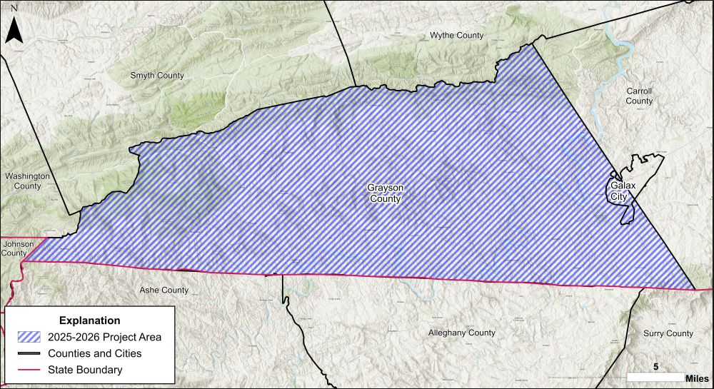 Grayson County project area in Virginia, along the border with North Carolina to the south and Tennessee to the southwest.