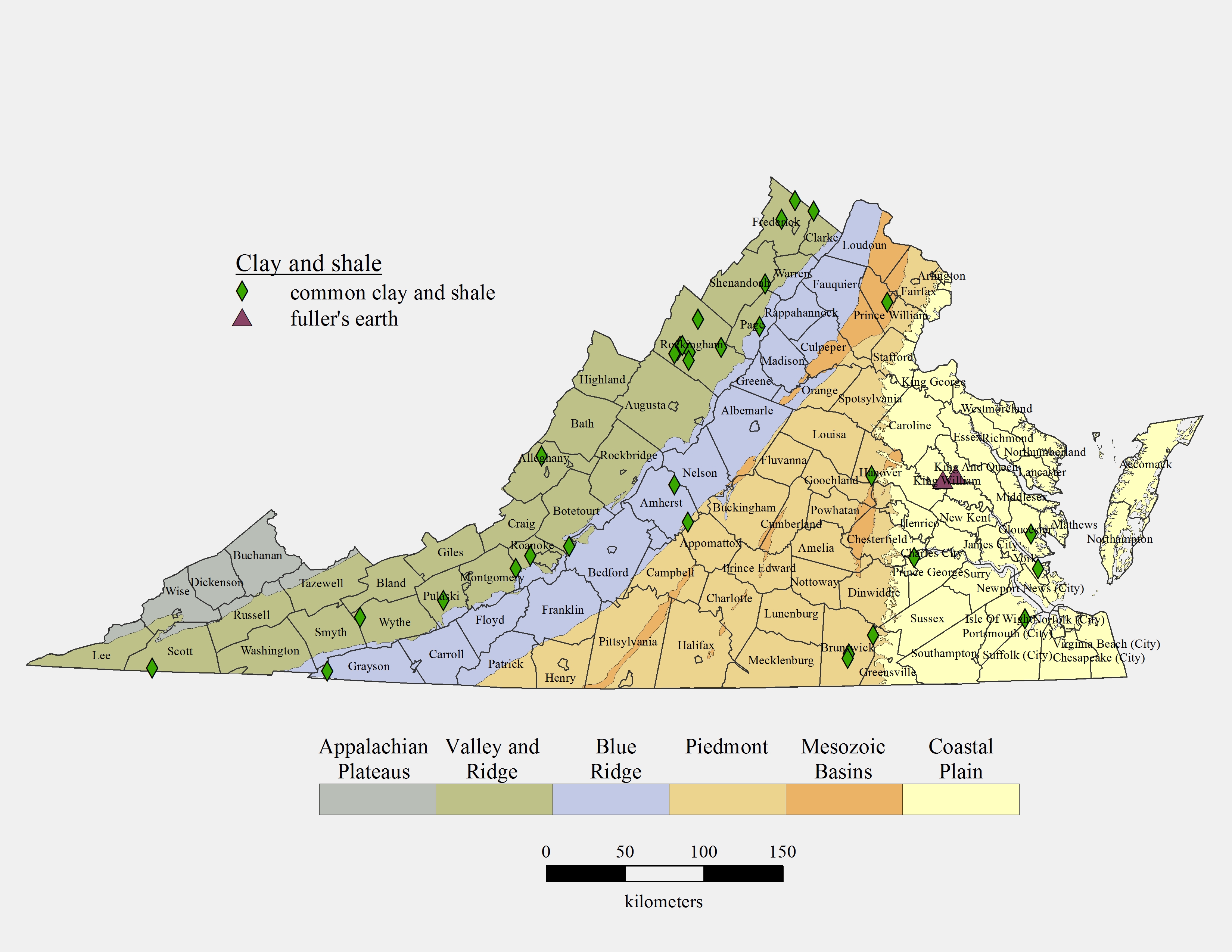 Clay materials extraction sites in Virginia