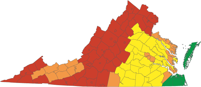 Counties in Virginia that are susceptible to landslides.
